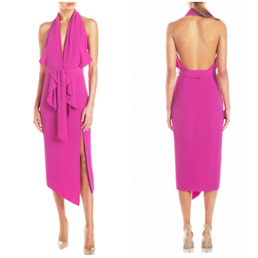 Misha Lorena Dress Fuschia Pink Halter Ruffle Midi Slit Size 14